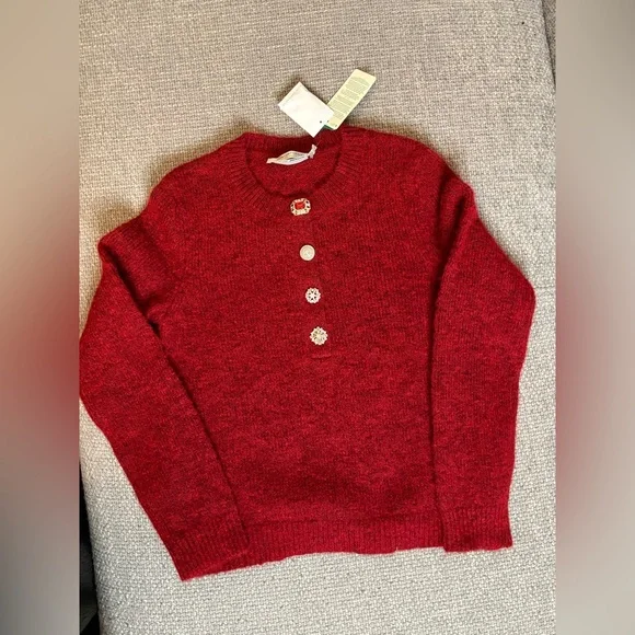 Simons Jewel Button Fuzzy Knit Sweater Red Size XS Statement Button Cardigan - Picture 12 of 13